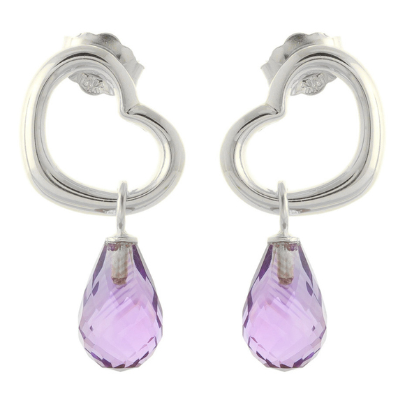14K. SOLID GOLD HEART EARRING WITH DANGLING NATURAL AMETHYSTS (White Gold) - Picture 2 of 2
